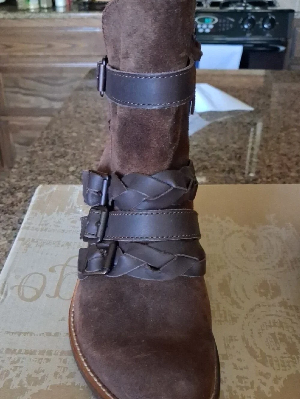 Latigo Dark Brown Suede Ankle Booties with Strap and Buckle Details
